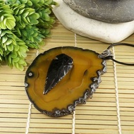 Black Arrow Obsidian Volcanic Dragon Glass Agate Slice Pendant Necklace Jewelry