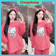 HELLO KITTY Cotton Set - Thermal Fur Pajamas, Hello Kitty Fur Pajamas, Women's Cream Fur Pajamas (wh