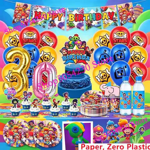 Brawl Stars Happy Birthday Party Supplies Set Cartoon Game Theme Tableware, Paper Plates & Backdrop 