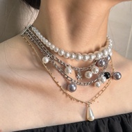 HENLI dây chuyền hình hoa Vòng cổ nhiều lớp ngọc trai Charm Vòng cổ choker Dây chuyền nữ xương đòn
