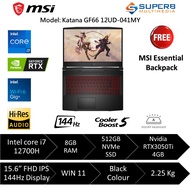 MSI Katana GF66 12UD-041MY Gaming Laptop (Intel core i7 12gen, 8gb ram, 512gb ssd, Nvidia RTX3050Ti,