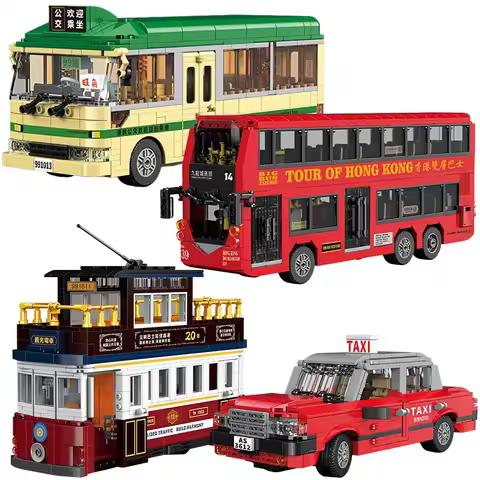 Classic Hong Kong Double Decker Bus Model Building Blocks City Retro Taxi Antique Tram MOC Creative 