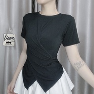 Women's T-shirt in THIN, light cotton style, short sleeves, round neck, 2 pointed flaps, flattering 