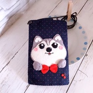 不織布刺繡手機袋 哈士奇包包手機袋 黑底手機袋