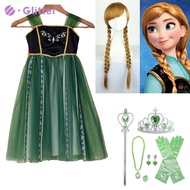 Disney Frozen Anna Cosplay Costume For Kids Girl Mesh Green Sling Princess Dress Crown Wand Accessories OutfitsBirthday Ball Gown Gifts