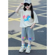 [B&G] Personality and dynamic set of white horse shirts and jean shorts for girls from 10-45kg (2-12