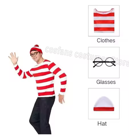 Wheres Waldo Youth Family Wally Costume Short Sleeves Glasses and Hat Socks Unisex Adults Halloween 