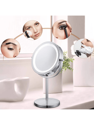 1片桌上型雙面化妝鏡,具備led燈和3x / 5x / 10x放大功能,適用於美容使用