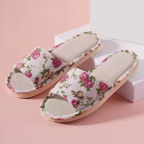 Fashion Floral Slippers Women Casual Comfortable Indoor Home Flat Shoes Anti Slip Sandals Spring Aut