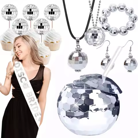 Disco Ball Accessories 70s 80s Disco Costume Women Earrings Necklace Bracelet Cup Disco Bride Sash B