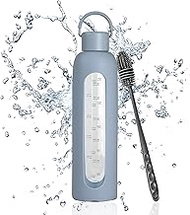 32 oz Glass Water Bottles with Lid and Brush,Borosilicate Glass Water Bottle with Time Marker Water 