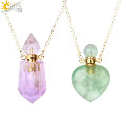 CSJA Natural Crystal Stone Perfume Bottle Necklace Reiki Amethysts Essential Oil Diffuser Pendant Tr