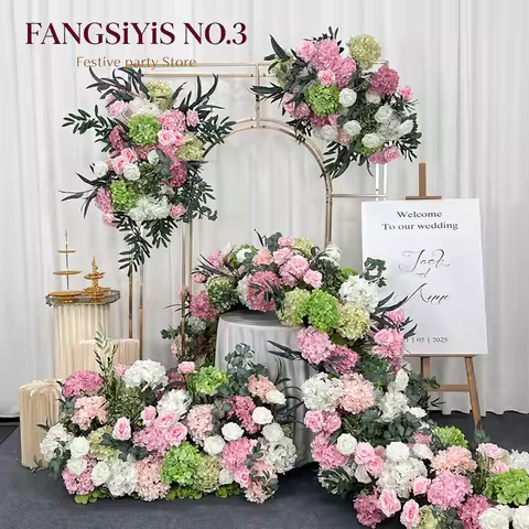Pink White Green Hydrangea Artificial Flower Row Table Runner Fake Rose Eucalyptus Garland Wedding A