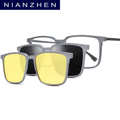 NIANZHEN Alloy Glasses Frame Men Square Magnet Clip Eyeglasses Night Vision & Polarized Lens Ultrali