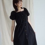 鬆緊帶小袖子排扣洋裝_黑(附綁帶)