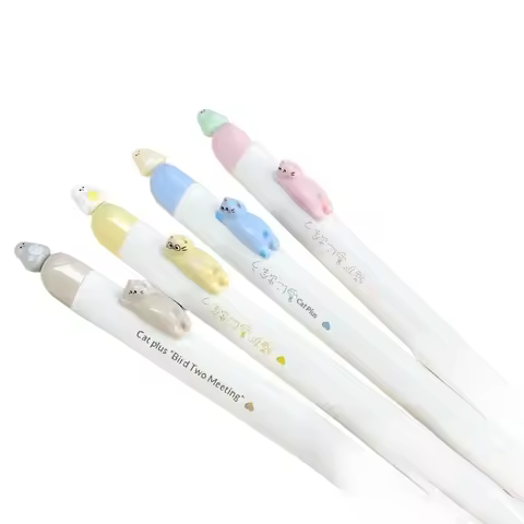 [G] 4-Pack Fun Magnetic Bird Cat Gel Pens Retractable Press Pens 0.5mm Fine Tip Fast Drying Ink Cute