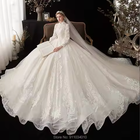 Shinny Wedding Dress Customized High Collar Covered Button Long Sleeves Korea Ball Bridal Gowns Real