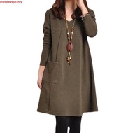 Plus Size Dress Women Long Sleeve Causal Long Dress Solid Color Loose Dress