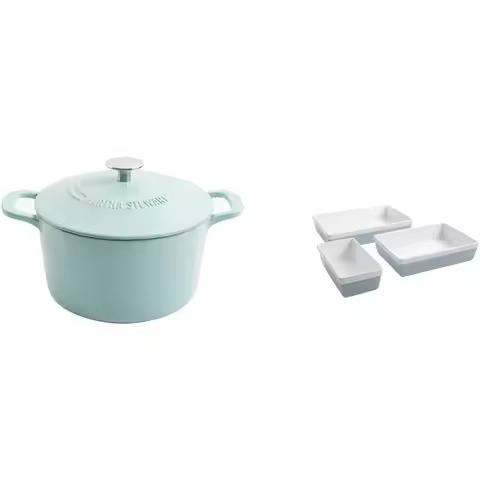 Gatwick 7 QT Enamel Cast Iron Dutch Oven, Blue & 3 Piece Oven to Table Stoneware Bakeware, Baking Di