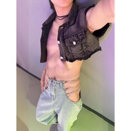 Bd275 European American Trendy ins Style Men Sexy Chain Hollow Breathable Unique Waistless Jeans You
