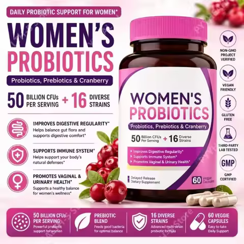 Women Probiotic 50 Billion CFU 16 Strains with Prebiotic Cranberry 60 Veggie Capsules Daily Digestiv