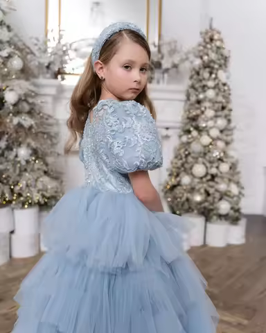 Customized Dusty Blue Flower Girl Dresses For Wedding Appliques Tiered Gorgeous Child Birthday Party