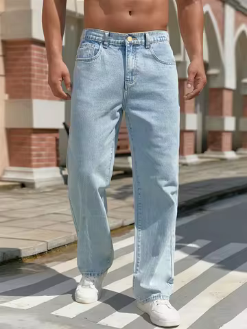 Light Blue Men's Casual Straight-leg Jeans, Non-stretch Fabric, Regular Length, All-season Comfort, 