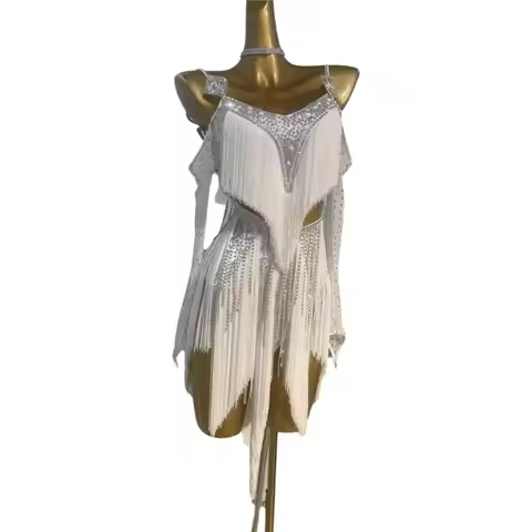 Latin Dance Rhinestone Women's High-end Custom Tailcoat Tassel Suspender Design Samba Performance Dr