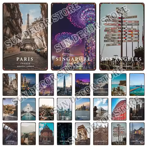 City Singapore Paris Jaipur Chicago Retro Metal Sign Poster Famous City Of Nordic Style Wall Art Pic