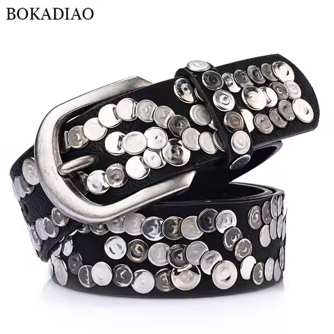 BOKADIAO Women Belt Fashion Punk Pin Buckle Vintage Rivets Luxury Lady's Original Leather Belts For 