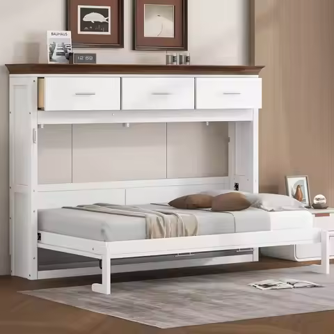 Twin Size Murphy Bed Horizontal, Foldable Wall Bed Cabinet with Storage Drawers, Twin Hideaway Murph