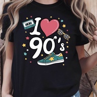 Women's I Love 90's Theme T-Shirt - Cassette & Fashion Glasses & Sneaker & Slogan Decor Casual Short