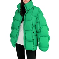 Winter Women Cotton Jacket Stand Collar Neck Protection Exaggerated Style Mid Length Zipper Closure 
