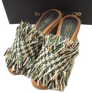 LE CRABE ROUGE 西班牙製造 COLUMBIA 混紡材質流蘇坡跟涼鞋，35碼（22.5公分），黑色/綠色/皮革色。 [近新][二手][LE CRABE ROUGE]