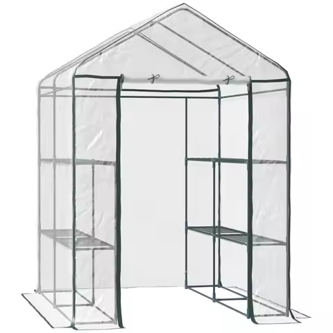 Outsunny Mini Greenhouse 5x5x6 with 3 Tier Shelves - Roll-Up Door, Compact Outdoor Plant Shelter