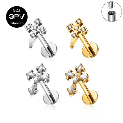 G23 F136 Cross CZ Internal Thread Ear Cartilage Nail Vacuum Gold Plated Classic Women's Ear Nails Pe