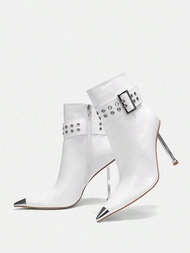 CUCCOO SZL 女式白色短靴,金屬高跟和扣環裝飾