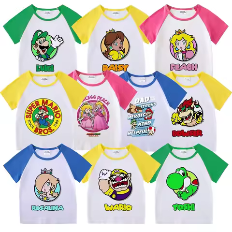 Super Marios T-shirt Children Clothing Anime Luigi Princess Peach Raglan Blocking Short Sleeve Tees 