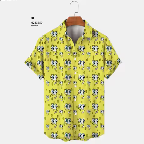 Summer cute SpongeBob SquarePants anime street new Harajuku casual shirt trendy versatile men's lape