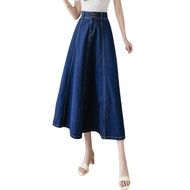 Denim Midi Skirt High Waist Button Zipper Fly A-Line Hem Skirt Solid Color Blue Skirt Office Lady De