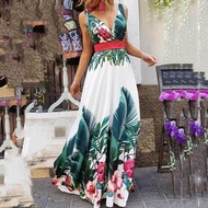 EEQ Plus Size Dress For Women Formal Wedding Dress For Ninang Sale Fashion Women Summer V-Neck Sleeveless Collect Waist Bohemian Print Maxi Dress Polyester (Green)