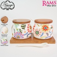 Newage 3 Pcs High Porcelain Seasoning Jar Set with Wooden Tray / Spices Container Set / Bekas Rempah