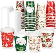 48 Pack 12 oz Christmas Coffee Cups with Lids Xmas To Go Coffee Party Cup Disposable Double Walled C