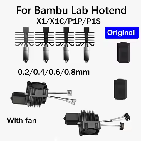 For Bambu Lab Hotend Original X1/X1C/P1P/P1S Hotend with Fan 0.2/0.4/0.6/0.8 Nozzle 3D Printer Acces