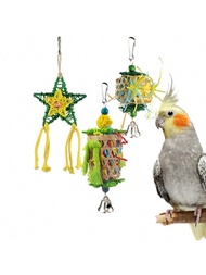 3入組鸚鵡咀嚼玩具天然鳥棲枝嚼鳥玩具編織鳥籠鳥籠玩具,適合大型鳥類,如金剛鸚鵡、非洲灰鸚鵡*隨機發送一件顏色商品