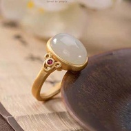 HZP แหวนวงรีหยก Hotan ธรรมชาติสำหรับผู้หญิงแหวนเงินแท้ชุบทองเปิดหินหยกขาวประณีตสง่างาม