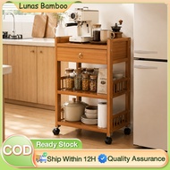 Bamboo Kitchen Storage Cart with Drawer Rolling Organizer Rack 3 Tier Coffee Trolley Shelf on Wheels