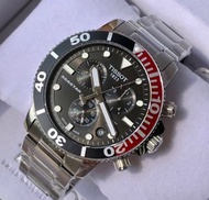 天梭 TISSOT Seastar1000 紅黑圈 黑面 銀色不鏽鋼錶帶 石英 三眼計時男錶 T1204171105101