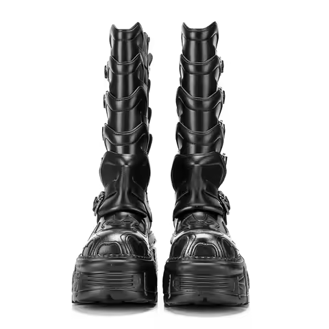 NewRock Punk Metal - Decorated Boots, Handmade Leather Platform Knee - Highs