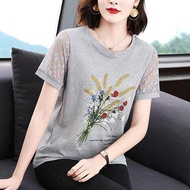 Womens Mesh T-shirt 2026 Summer New Print Versatile Slimming Fashion Loose Casual Top